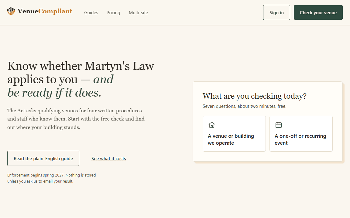 VenueCompliant — desktop layout
